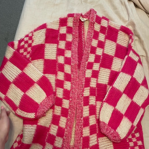 Pink Lily Oversized Cardigan pink checkered pattern Sz S-M - Picture 8 of 8